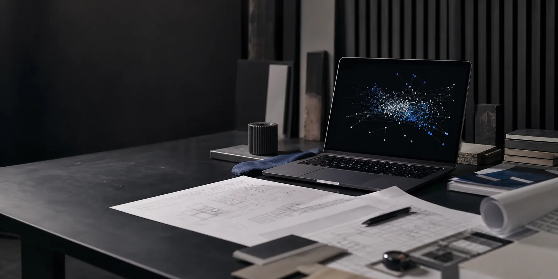 Product-trained AI support shown beside architectural drawings and material samples